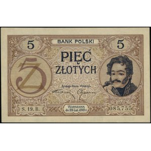 5 złotych, 28.02.1919; seria 19.B, numeracja 085755; Lu...