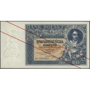 20 złotych, 20.06.1931; seria AA, numeracja 1234567, cz...