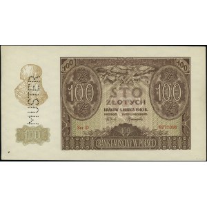 100 złotych, 1.03.1940; seria D, numeracja 6271095, WZÓ...