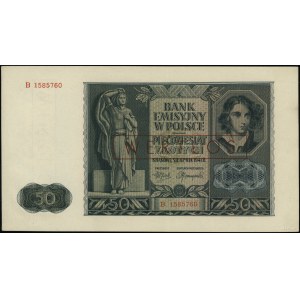 50 złotych, 1.08.1941; seria B, numeracja 1585760, czer...