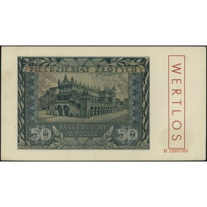 50 złotych, 1.08.1941; seria B, numeracja 1585760, czer...