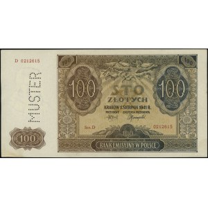 100 złotych, 1.08.1941; seria D, numeracja 0212615, WZÓ...
