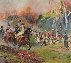 Wojciech KOSSAK (1857-1942), Kościuszko prowadzi kosynierów do ataku - Kościuszko pod Racławicami, 1924