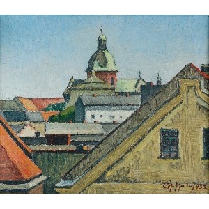 Jakub PFEFFERBERG (1900-1943), Nad dachami Krakowa - widok na kopułę kościoła śś. Piotra i Pawła, 1933