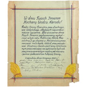 Name day card for Józef Piłsudski from the Councillors of the Czaruków Commune, March 19, 1935