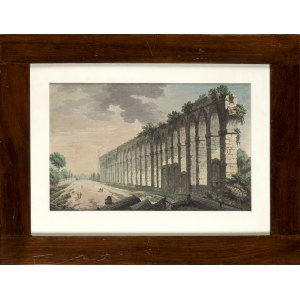 GAETANO MAGNI (active in the last quarter of the 18th century), Landscape with Roman aqueduct, figures and column fragments