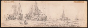 AUGUSTE HENRI MUSIN (Ostend, 1852-1920), Recto: shoaling sailboats and figures; verso: fishermen's pile dwelling