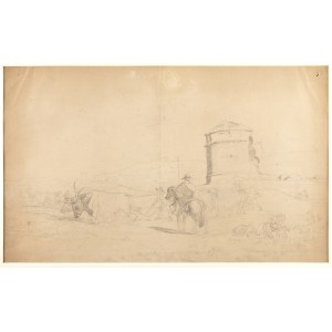 ENRICO COLEMAN (Rome, 1846 -1911), Recto: Roman countryside landscape with peasants, horses and oxen; verso: two studies of a peasant with a plough