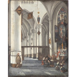 DUTCH PAINTER, 17th CENTURY, Interior of Dutch church with worshippers praying (Oude Kerk, Amsterdam?)