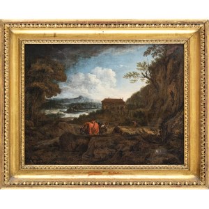 GIOVANNI FRANCESCO GRIMALDI (Bologna, 1606 - Rome, 1680), ATTRIBUTED TO, Roman landscape with travellers, two horses and Villa Madama on the background