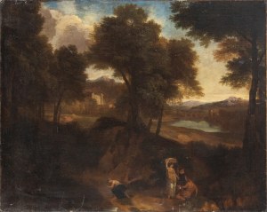 JOHANNES GLAUBER (Utrecht, 1646 - Schoonhoven, 1726), Landscape with figures, river and bridge in the background