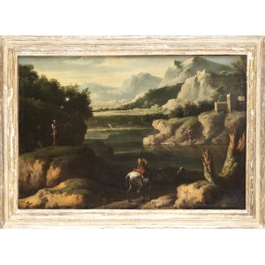 JAN FRANS VAN BLOEMEN (Antwerp, 1662 - Rome, 1749) AND PIETER VAN BLOEMEN (Antwerp, 1670 - Amsterdam, 1746), ATTRIBUTED TO, Landscape with water mirror, washerwomen and horseman in foreground