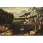 JAN FRANS VAN BLOEMEN (Antwerp, 1662 - Rome, 1749) AND PIETER VAN BLOEMEN (Antwerp, 1670 - Amsterdam, 1746), ATTRIBUTED TO, Landscape with water mirror, washerwomen and horseman in foreground