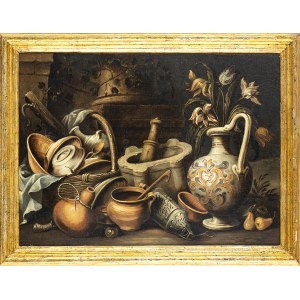 ANTONIO CALZA (Verona, 1653 - 1725), ATTRIBUTED TO, Still life with crockery, mortar and vase of flowers
