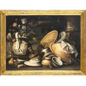 ANTONIO CALZA (Verona, 1653 - 1725), ATTRIBUTED TO, Still life with crockery and vase of flowers