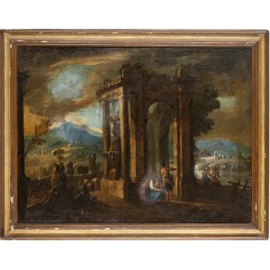 ROMAN SCHOOL, 18th CENTURY, Landscape with architectural ruins, a fountain and figures