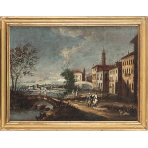 MAESTRO DELLE MONTAGNE AZZURRE CALLED MAESTRO DEI PAESAGGI DI CA' REZZONICO (Veneto, 18th century), View of a Venetian town with figures, bridge and waterway