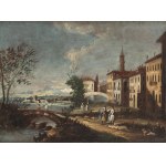 MAESTRO DELLE MONTAGNE AZZURRE CALLED MAESTRO DEI PAESAGGI DI CA' REZZONICO (Veneto, 18th century), View of a Venetian town with figures, bridge and waterway