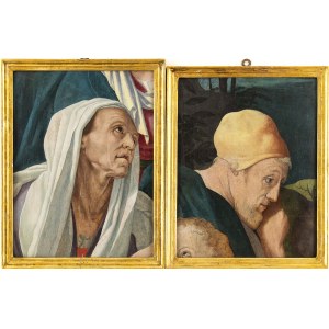 FLORENTINE PAINTER FROM CIRCLE OF JACOPO CARUCCI CALLED PONTORMO (Pontorme, 1494 - Florence, 1556), a) Saint Joseph; b) Saint Elizabeth - Pair of fragments from a lost altarpiece