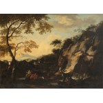JACOB DE HEUSCH (Utrecht, 1657 - Amsterdam, 1701), Landscape with rock face, waterfall, watercourse and figures