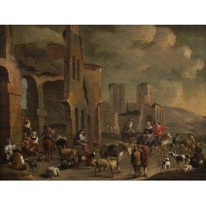 PIETER VAN BREDAEL (Antwerp, 1629 - 1719), Great bucolic scene with sheperds and herds among the ruins