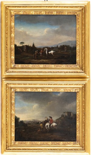 HENDRIK FRANS VAN LINT CALLED LO STUDIO (Antwerp, 1684 - Rome, 1726), ATTRIBUTED TO, a) Landscape with figures, horseman and fountain; b) Landscape with noble couple and servant intent on hunting and villa on a hillock - Pair of paintings.