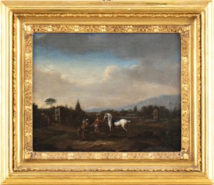 HENDRIK FRANS VAN LINT CALLED LO STUDIO (Antwerp, 1684 - Rome, 1726), ATTRIBUTED TO, a) Landscape with figures, horseman and fountain; b) Landscape with noble couple and servant intent on hunting and villa on a hillock - Pair of paintings.