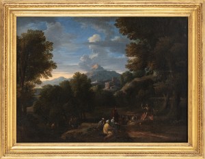 JAN FRANS VAN BLOEMEN (Antwerp, 1662 - Rome, 1749), ATTRIBUTED TO, Landscape with the Baptist sermon and a fortified village in the background