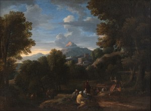 JAN FRANS VAN BLOEMEN (Antwerp, 1662 - Rome, 1749), ATTRIBUTED TO, Landscape with the Baptist sermon and a fortified village in the background