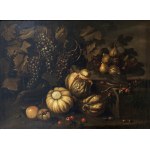 MICHELANGELO CERQUOZZI (Rome, 1602 - 1660), ATTRIBUTED TO, Still life with grapes, pumpkins, peaches, azarole, figs and blackberries in a landscape