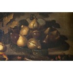 MICHELANGELO CERQUOZZI (Rome, 1602 - 1660), ATTRIBUTED TO, Still life with grapes, pumpkins, peaches, azarole, figs and blackberries in a landscape