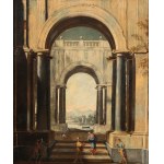ROMAN SCHOOL, 18th CENTURY, Architectural capriccio with figures and marine foreshortening