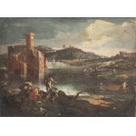 MATTEO GHIDONI CALLED DE' PITOCCHI (Florence, 1626 - Padua, 1700), Landscape with fishermen, watercourse and fortification