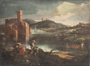 MATTEO GHIDONI CALLED DE' PITOCCHI (Florence, 1626 - Padua, 1700), Landscape with fishermen, watercourse and fortification