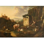 CIRCLE OF ABRAHAM JANSZ BEGEYN (Leiden, 1638 - Berlin, 1697 ), Landscape with ruins and herds