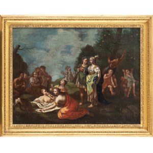 EMILIAN SCHOOL, 18th CENTURY, Courtship in the garden with satyr and nymphs