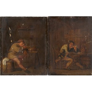 MANNER OF ADRIAEN VAN OSTADE, a) Pipe smoker sitting on a burrel; b) Pipe smoker in a tavern - Pair of paintings.