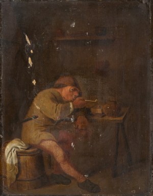 MANNER OF ADRIAEN VAN OSTADE, a) Pipe smoker sitting on a burrel; b) Pipe smoker in a tavern - Pair of paintings.