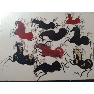Józef Wilkoń (*1930), Tabun mit roten Pferden, 2022
