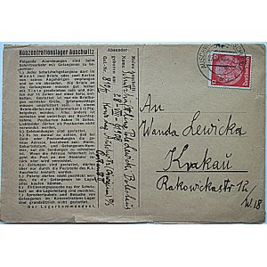 [OŚWIĘCIM - AUSCHWITZ]. Brief mit Umschlag aus dem Konzentrationslager Auschwitz vom 27.9.1940....