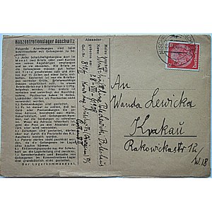 [OŚWIĘCIM - AUSCHWITZ]. Letter with envelope sent from Auschwitz concentration camp dated 27.9.1940....