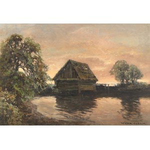 Wiktor Korecki (1890-1980), Sonnenuntergang über einer Mühle, 2. Hälfte des 20. Jahrhunderts.