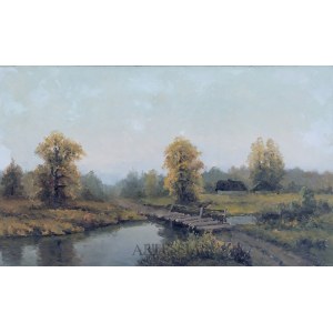 Wiktor Korecki (1890-1980), Landschaft mit Fluss und Brücke, 2. Hälfte des 20. Jahrhunderts.