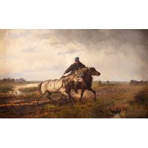 Józef Jaroszyński (1835 Lwów - 1900 München), Reiter mit Pferd (Reiseunfall)