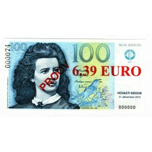 Estonia 6.39 Euro on 100 Krooni 2010 Specimen Transitional Banknote