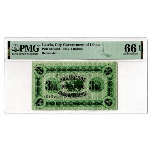 Latvia Libava 3 Roubles 1915 PMG 66 EPQ