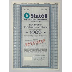 Norway Statoil 5% Bond for 1000 DM 1987 Specimen