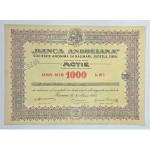 Romania Banca Andreiana Share of 1000 Lei 1942