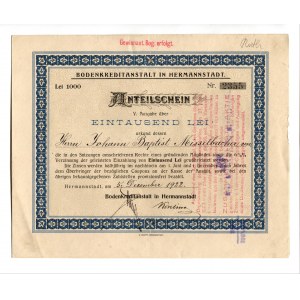 Romania Bodenkreditanstalt in Hermannstadt Share of 1000 Lei 1922