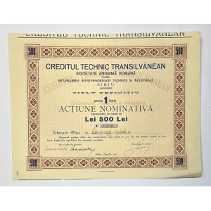 Romania Credit Tehnic Transylvanean SA Share for 500 Lei 1923